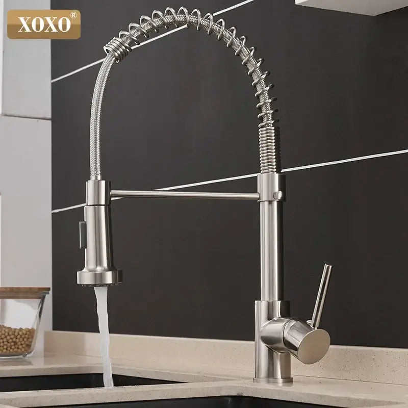Brushed nickel kitchen faucet by decorbites with pull down coiled gooseneck spout in stainless steel finish