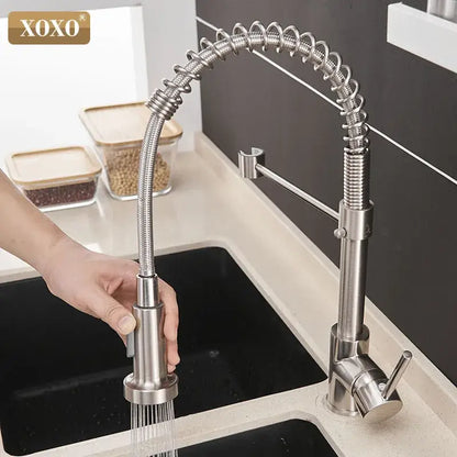 Brushed nickel kitchen faucet by xoxo with pull down coiled gooseneck spout in nickel kitchen faucet decorbites style