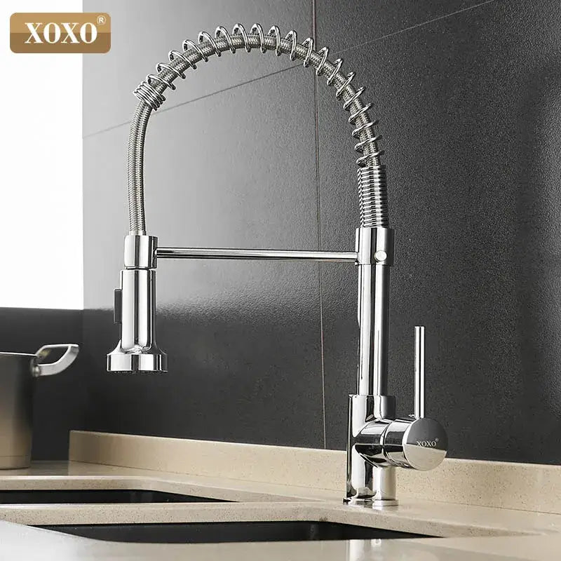 Chrome-finished xoxo brand kitchen faucet with flexible coiled spring hose and extended gooseneck spout in brushed nickel decorbites brushed nickel kitchen faucet