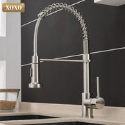 Brushed nickel kitchen faucet by decorbites with a pull down coiled gooseneck spout in stainless steel finish