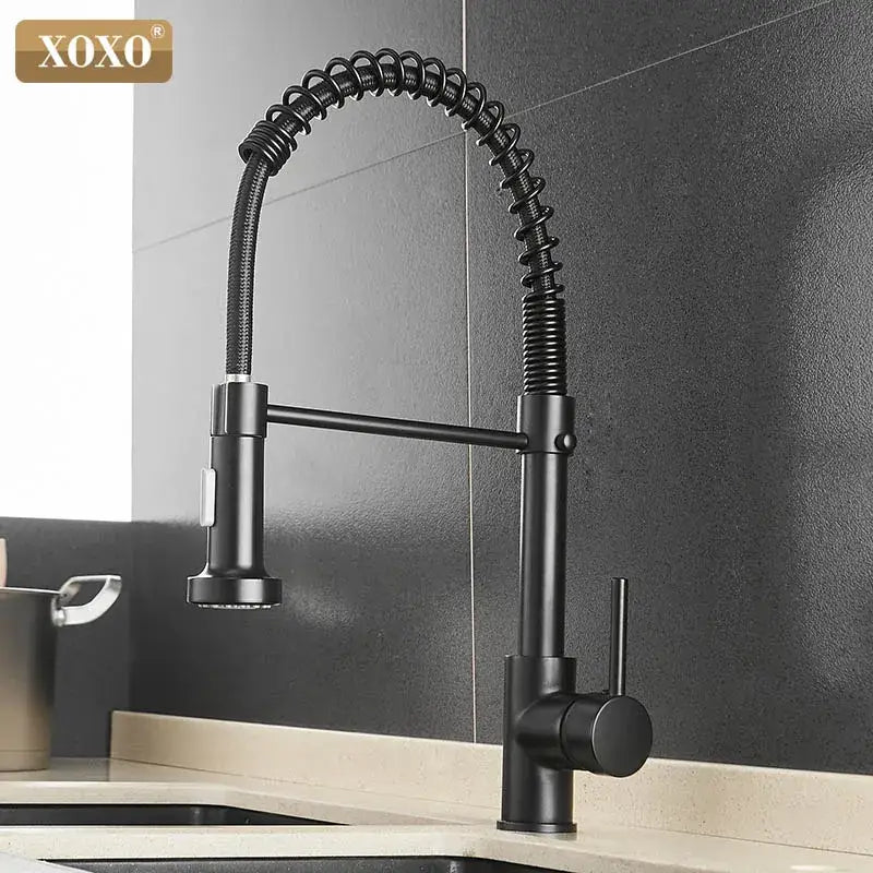 Black matte xoxo kitchen faucet with flexible coiled spring hose and pull-down spray head for brushed nickel kitchen decorbites
