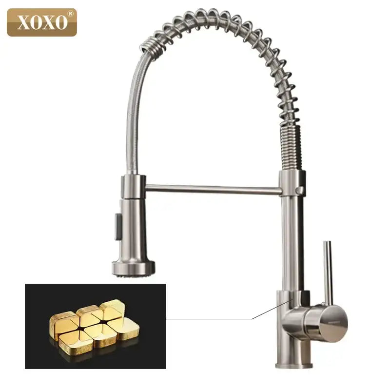 Brushed nickel kitchen faucet by decorbites with pull down coiled gooseneck spout and single lever handle nickel finish