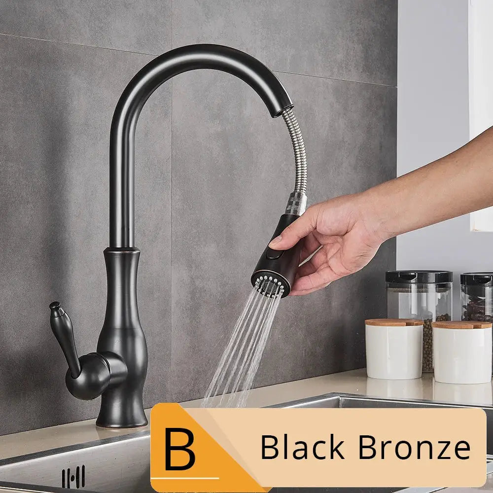 Black bronze kitchen faucet with curved spout and pull-out spray head for decorbites brushed nickel kitchen use