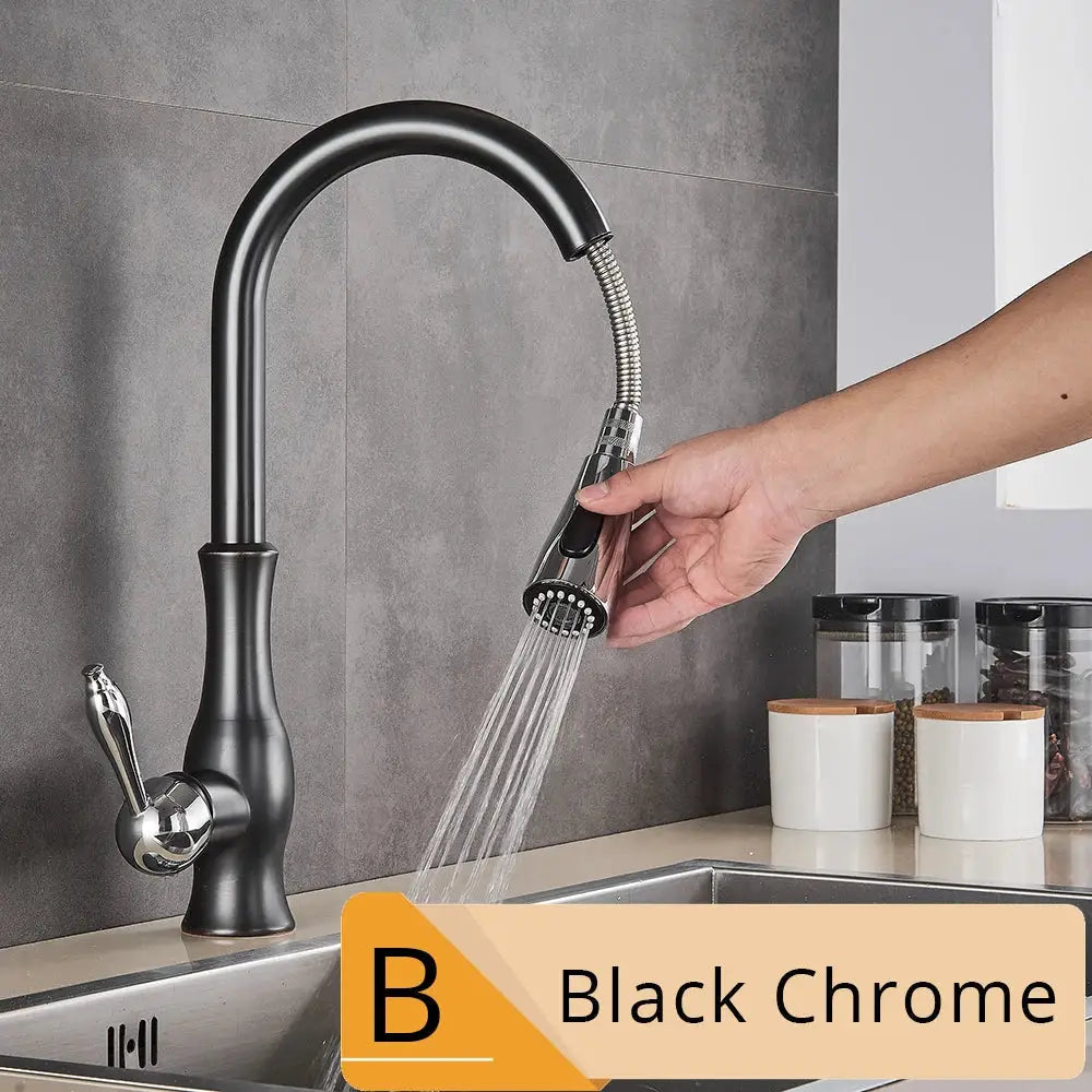 Black chrome kitchen faucet with sleek curved spout and pull-down spray head for decorbites brushed nickel kitchen decor