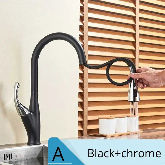 Brushed nickel kitchen faucet with pull down sprayer featuring black and chrome curved pull-out spray head decorbites brushed nickel