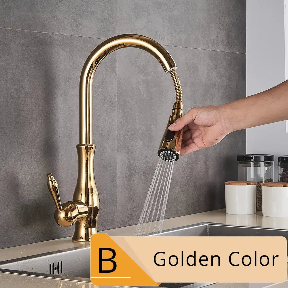 Golden-colored kitchen faucet with pull-out spray head featuring sleek curved spout in brushed nickel decorbites style