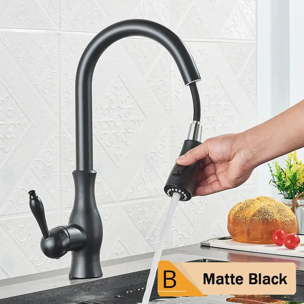 Matte black kitchen faucet with sleek curved spout and pull down spray head for decorbites brushed nickel kitchen decor