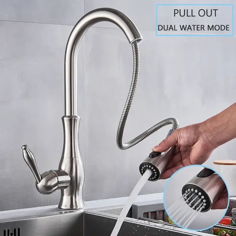 Brushed nickel kitchen faucet with pull down sprayer featuring stainless steel pull-out flexible hose and dual mode spray head