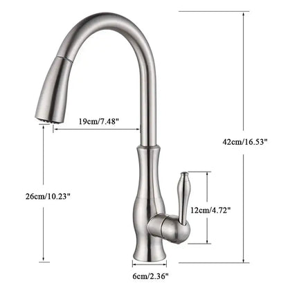 Brushed nickel kitchen faucet with a sleek curved spout and pull down sprayer from decorbites brushed nickel collection