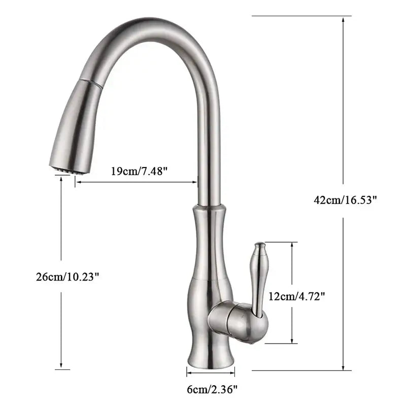 Brushed nickel kitchen faucet with a sleek curved spout and pull down sprayer from decorbites brushed nickel collection