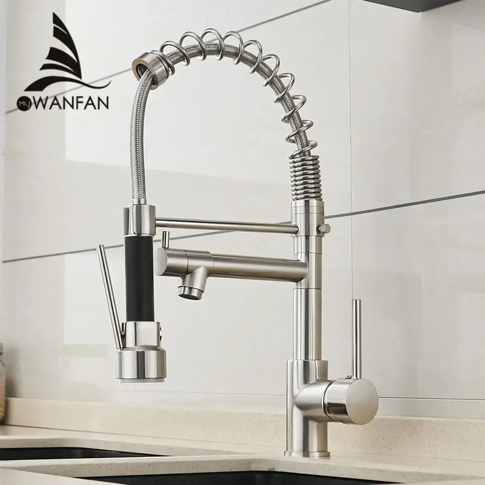 Brushed nickel kitchen faucet with coiled spring hose and black rubber grip spray head by decorbites brushed nickel