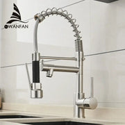 Brushed nickel kitchen faucet with coiled spring hose and black rubber grip spray head by decorbites brushed nickel