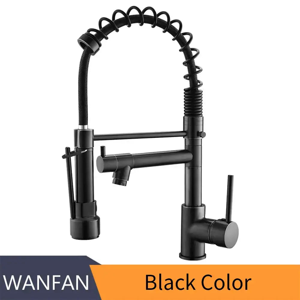 Brushed nickel kitchen faucet with swivel water outlet featuring a black matte finish and flexible coiled gooseneck spout