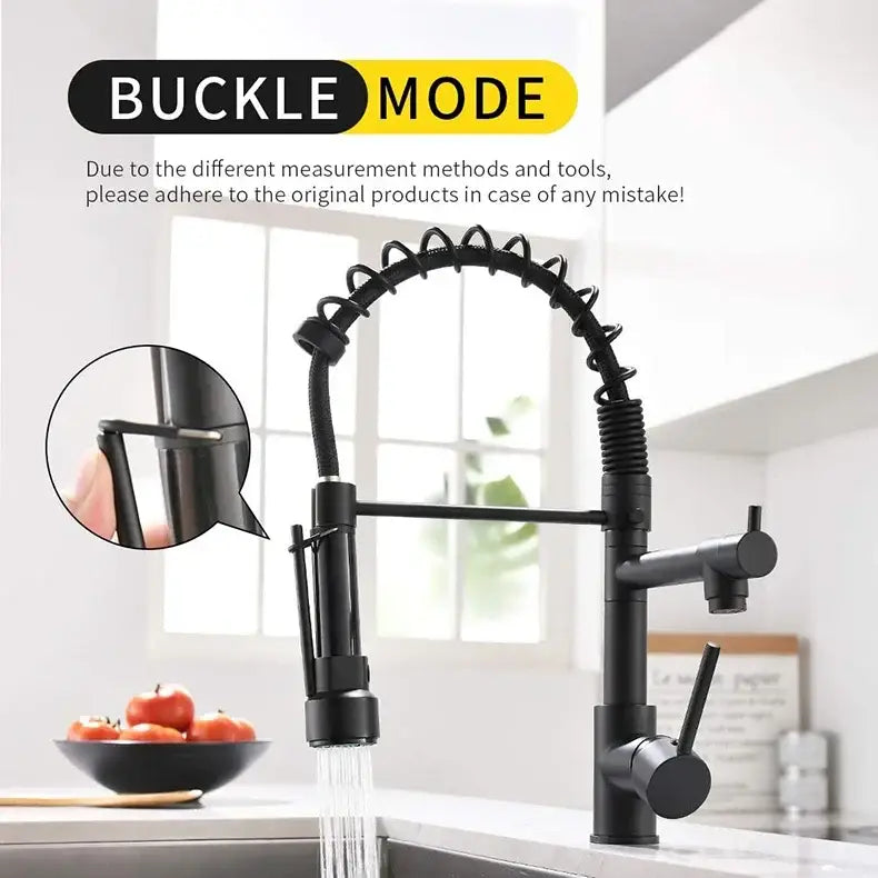 Black matte kitchen faucet with flexible coiled gooseneck and pull-down spray head for swivel water outlet use