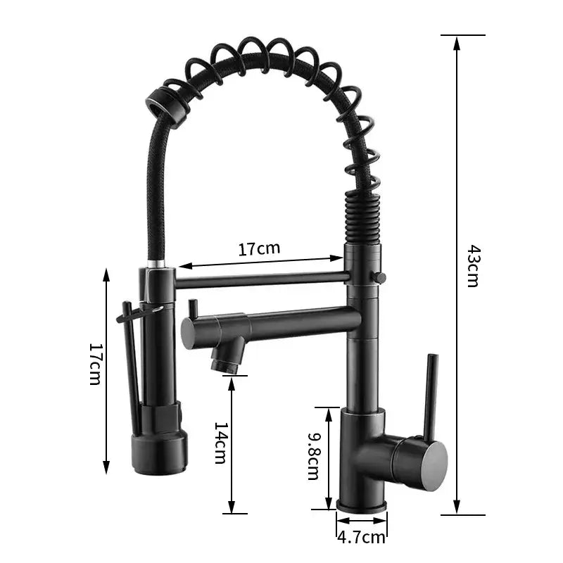Black matte kitchen faucet with flexible coiled hose and pull-down spray head featuring a swivel water outlet