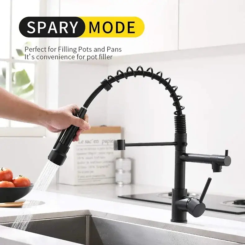 Brushed nickel kitchen faucet with swivel water outlet and black matte pull-down spray mode for pot filling