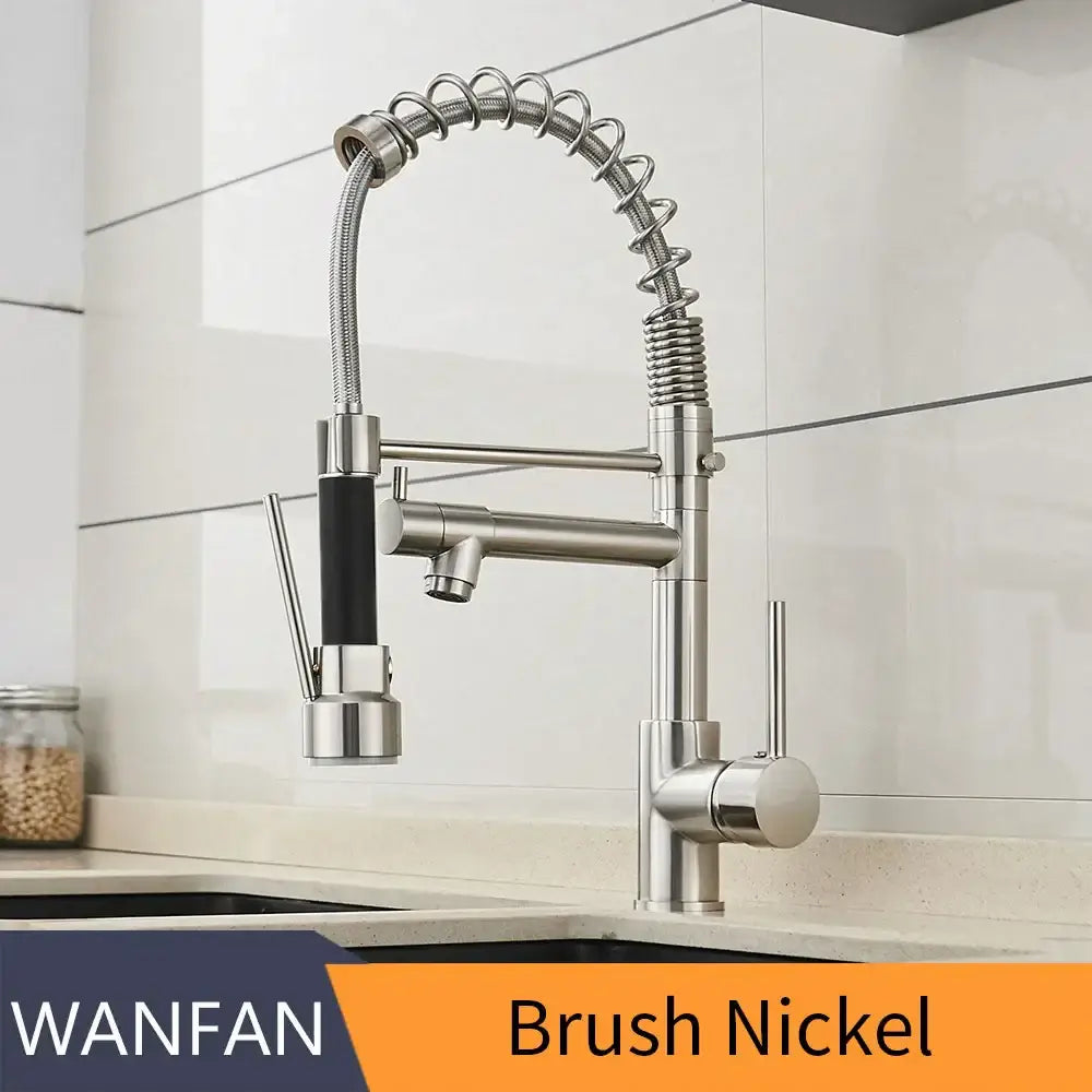 Brushed nickel kitchen faucet with swivel water outlet featuring a flexible coiled spring hose and black rubberized handle accents