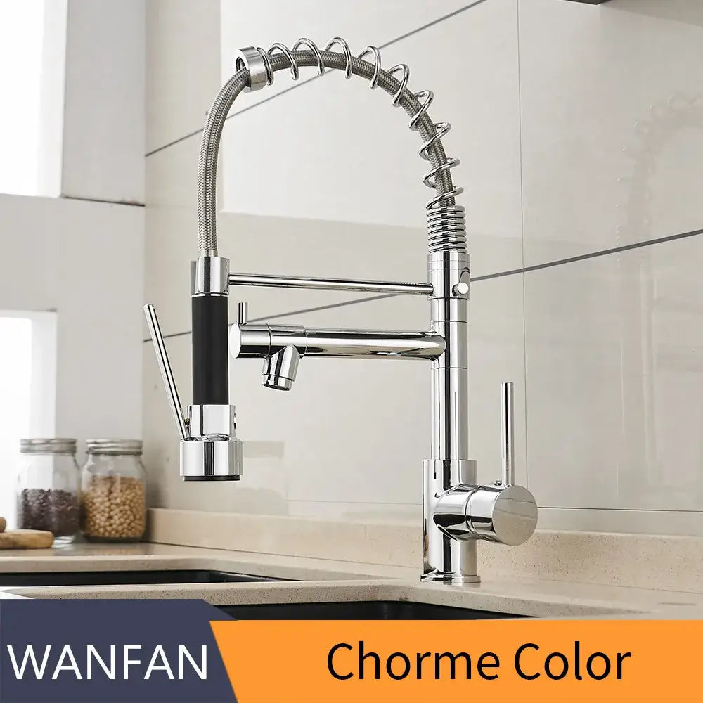 Brushed nickel kitchen faucet with chrome finish flexible gooseneck swivel water outlet and black rubberized handle