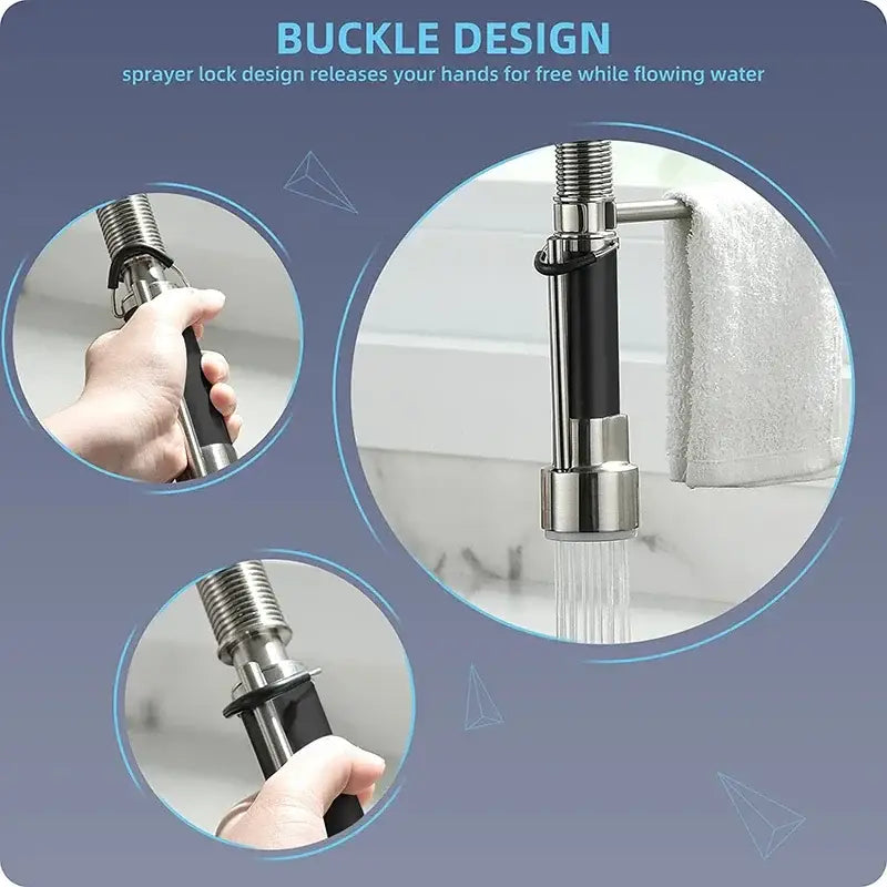 Brushed nickel kitchen faucet with swivel water outlet and black chrome flexible spray head for hands-free use