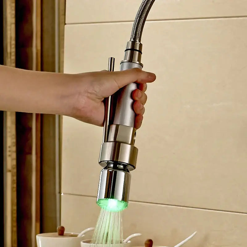 Brushed nickel led color changing kitchen faucet spray head with stainless steel finish and green led faucet spray light
