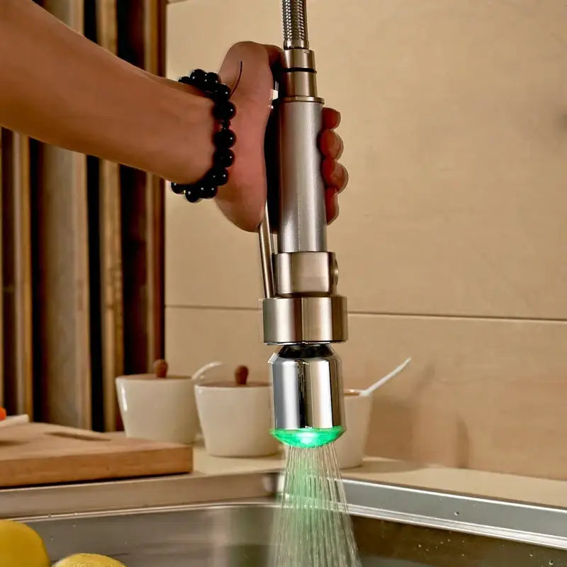 Brushed nickel led color changing kitchen faucet spray head with stainless steel flexible hose and illuminated green base