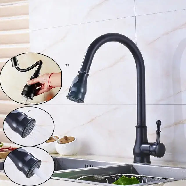 Black matte kitchen faucet with curved spout and pull-out spray head for decorbites brushed nickel pull use