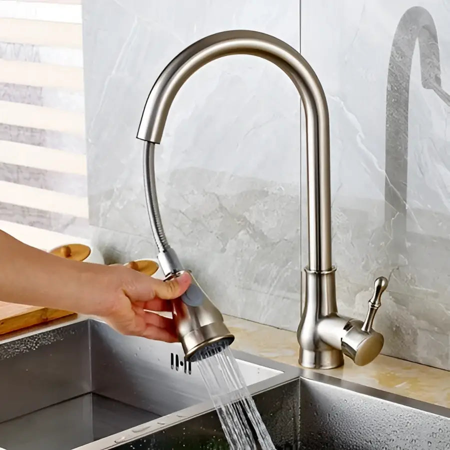 Brushed nickel pull out kitchen faucet with stainless steel curved gooseneck spout by decorbites brushed nickel