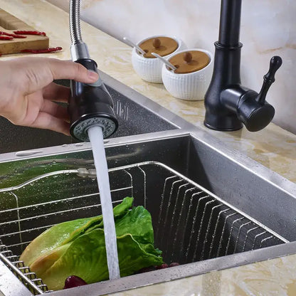 Black matte pull-down kitchen faucet with flexible hose and textured grip handle for brushed nickel pull decorbites