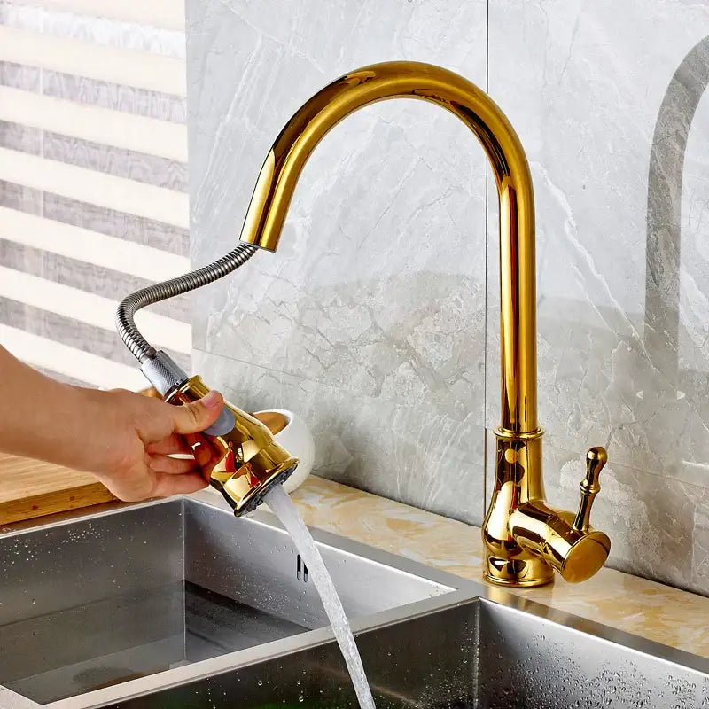 Gold-colored brushed nickel pull out kitchen faucet with curved stainless steel spout and flexible spray head decorbites brushed nickel