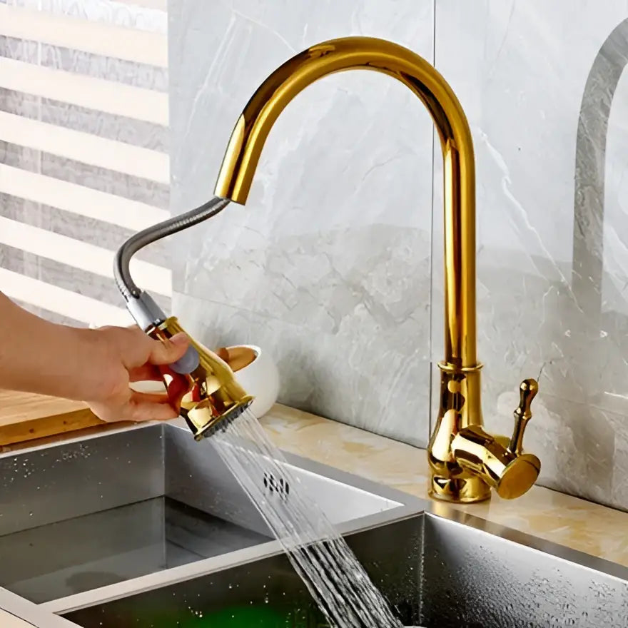 Brushed nickel pull kitchen faucet with stainless steel curved spout and gold flexible pull-out spray head