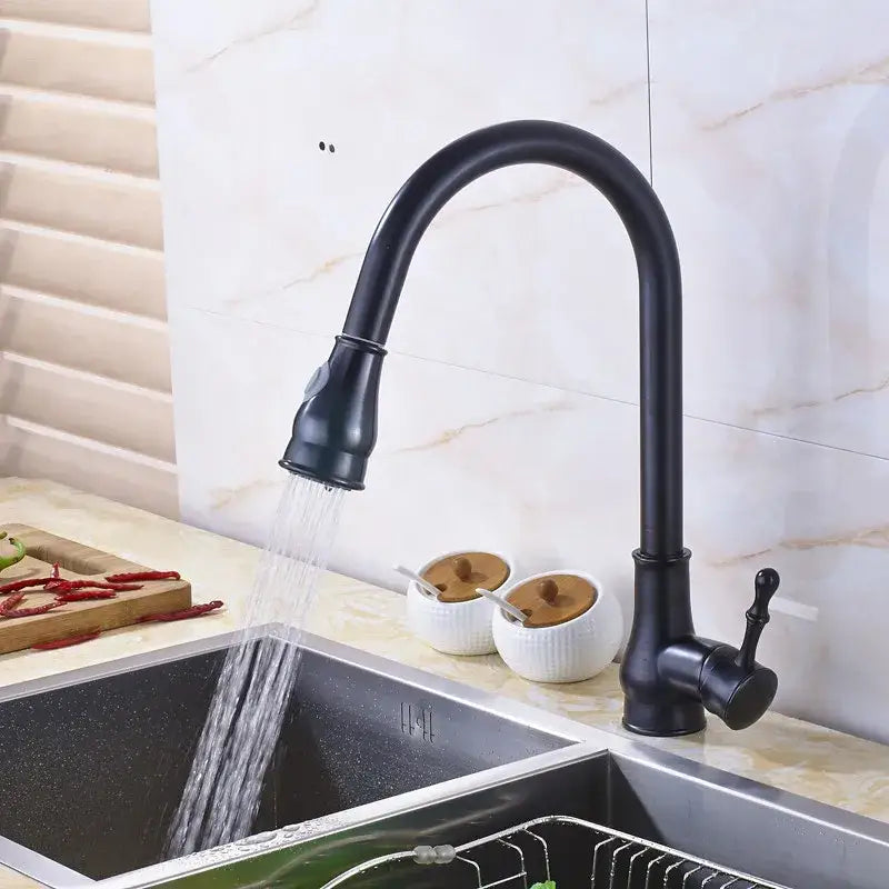 Black matte kitchen faucet with curved spout and pull down spray head for decorbites brushed nickel pull use