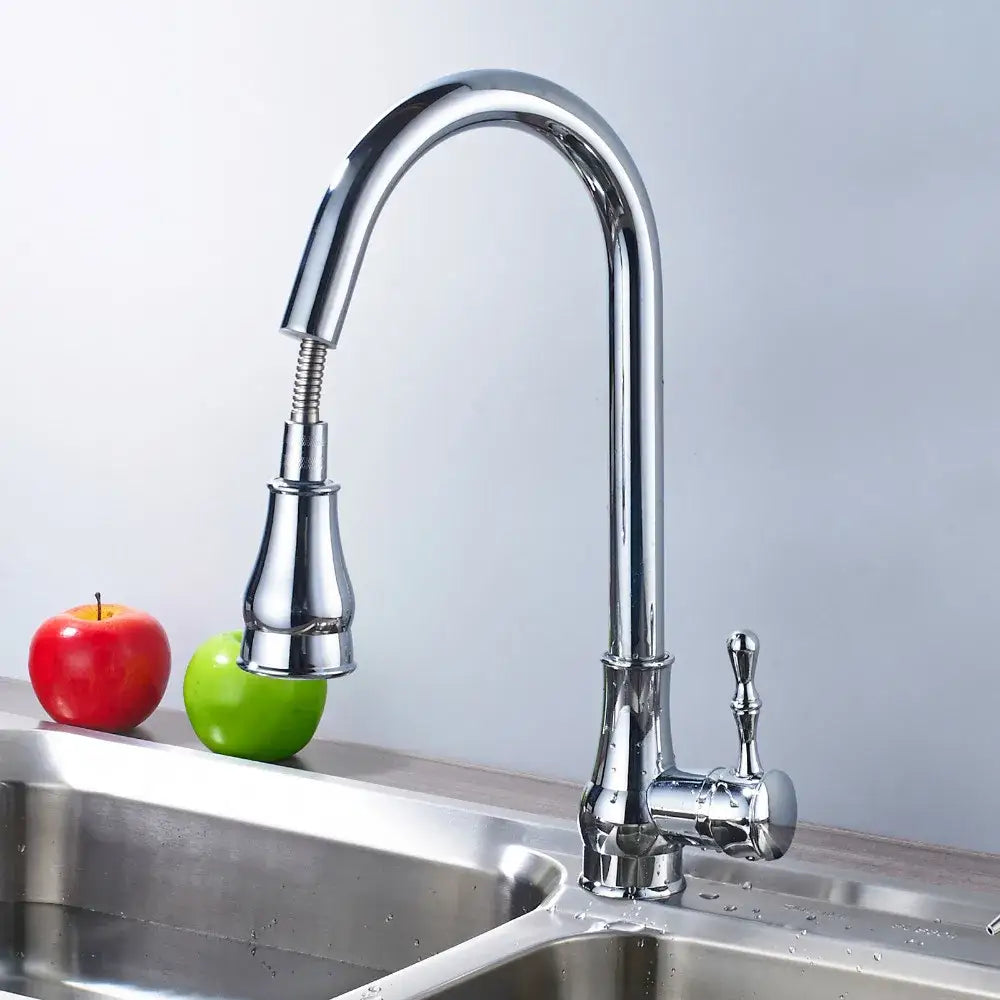 Chrome finished kitchen faucet with curved spout and pull down spray head for decorbites brushed nickel pull use