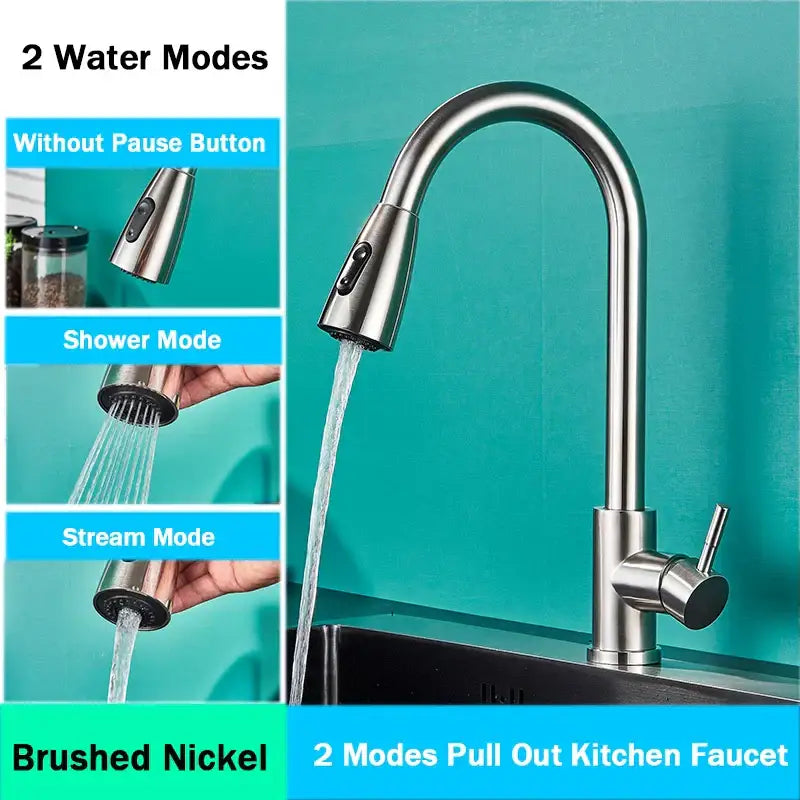 Brushed nickel kitchen faucet with arched pull out spray head offering two water modes decorbites brushed nickel