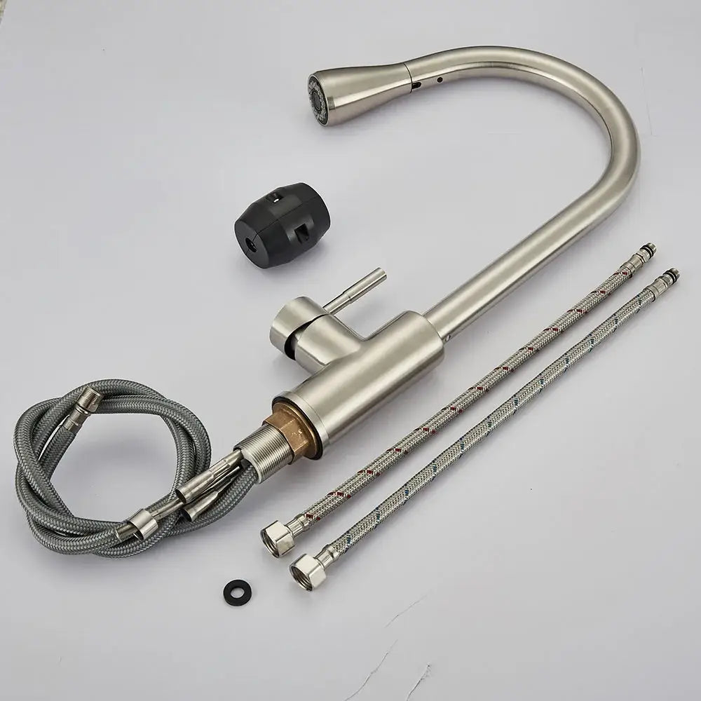Brushed nickel kitchen faucet with arched pull down spray head and flexible braided hoses from decorbites brushed nickel