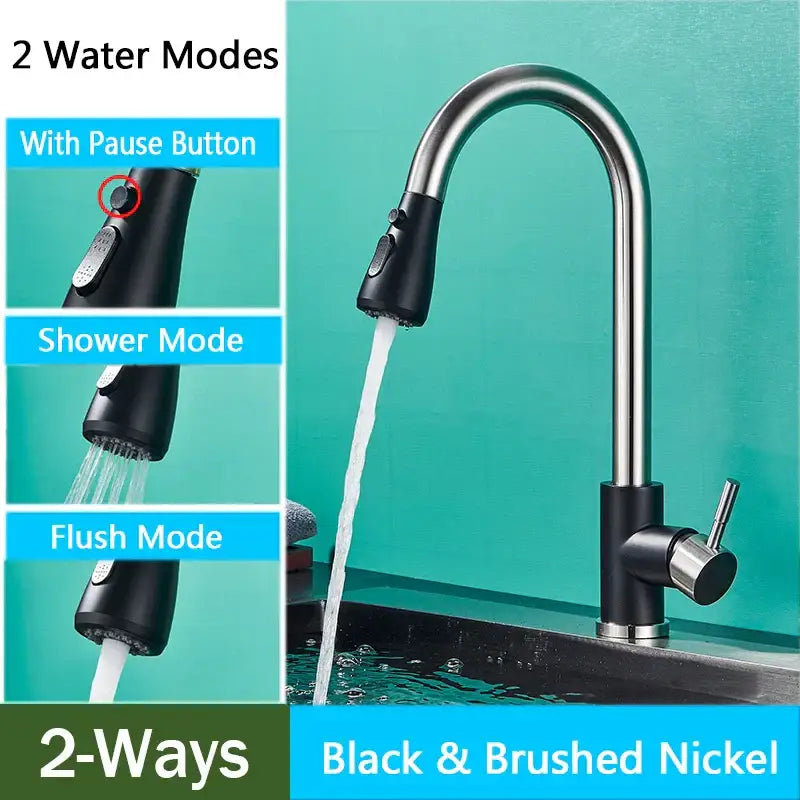 Brushed nickel kitchen faucet with black flexible pull-down spray head offering two water modes decorbites brushed nickel