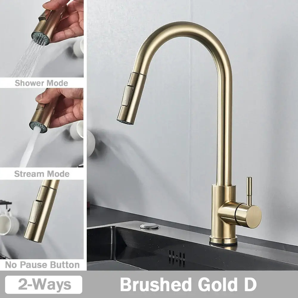 Brushed gold kitchen faucet with sleek curved spout and pull-out spray head for decorbites brushed nickel kitchen faucet