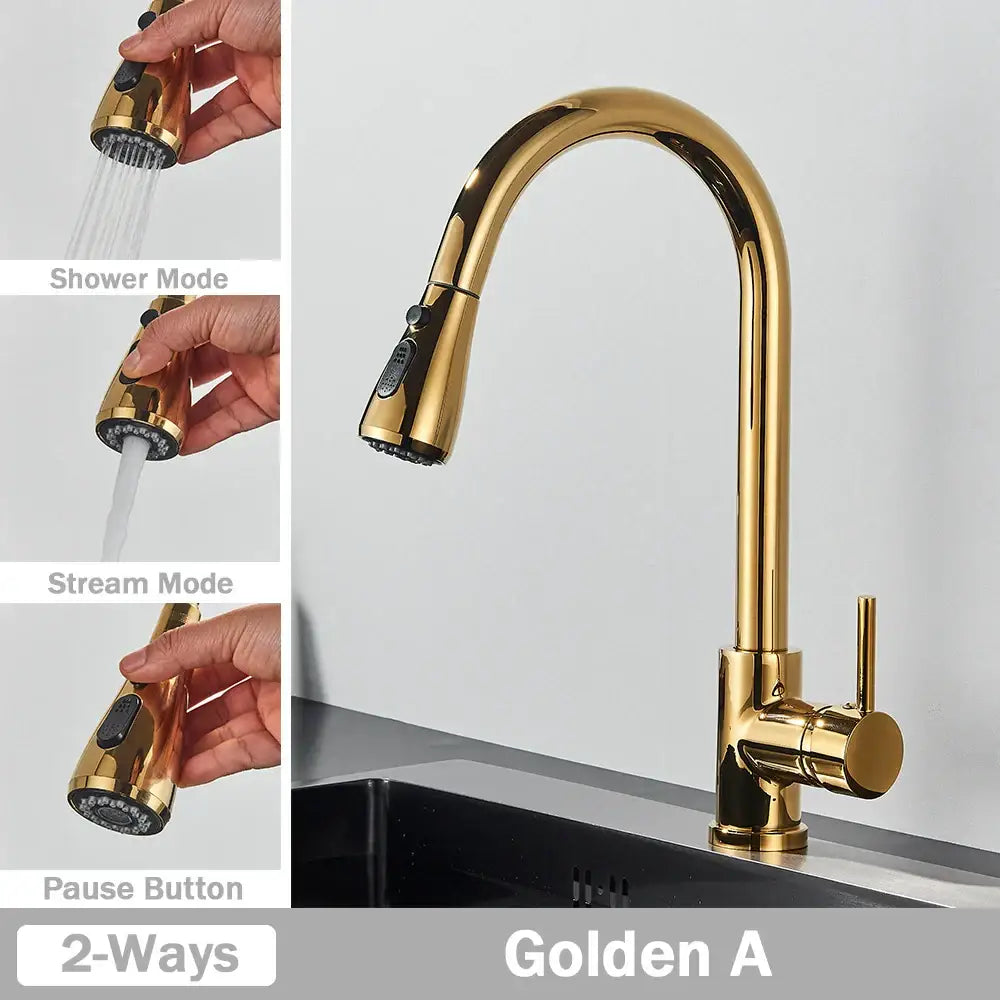 Brushed nickel kitchen faucet with arched pull-down spray head in shiny gold finish by decorbites brushed nickel