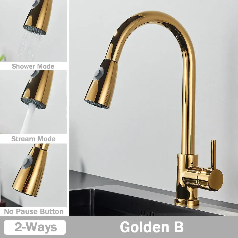 Golden brass finished kitchen faucet with sleek curved spout and pull down spray head for decorbites brushed nickel style