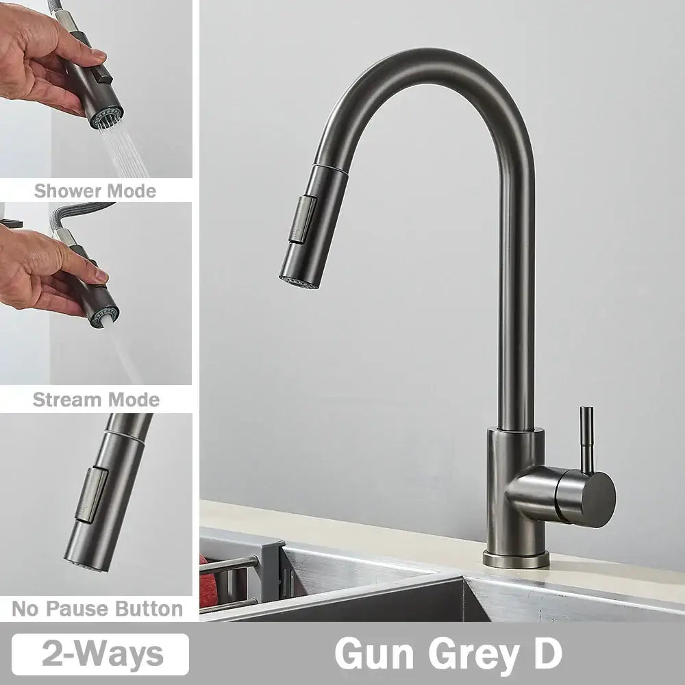 Brushed nickel kitchen faucet with gun grey matte finish, sleek curved spout, and pull-out spray head by decorbites