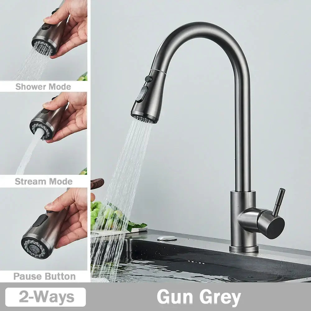 Brushed nickel kitchen faucet with gun grey finish, sleek curved spout, and pull-out spray head by decorbites