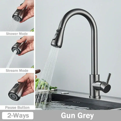 Brushed nickel kitchen faucet with gun grey finish, sleek curved spout, and pull-out spray head by decorbites