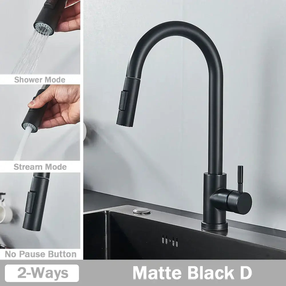 Matte black kitchen faucet with sleek curved spout and pull-out spray head in decorbites brushed nickel style