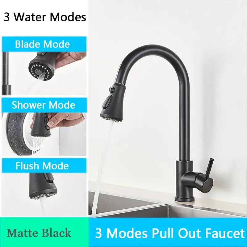 Matte black pull-out kitchen faucet with three spray modes for decorbites brushed nickel arched spray head design