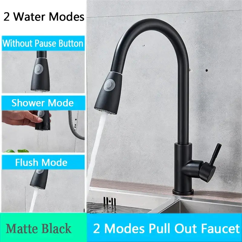 Matte black pull-out kitchen faucet with dual water modes and curved spout complementing decorbites brushed nickel style