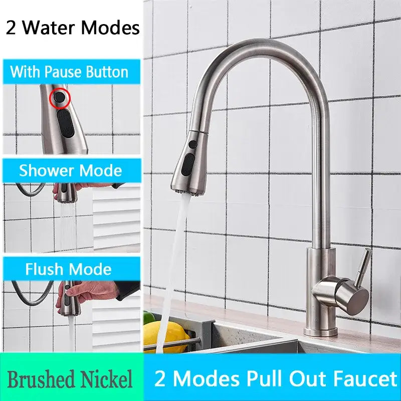 Brushed nickel kitchen faucet with arched spray head pull-out design featuring two water modes and pause button decorbites