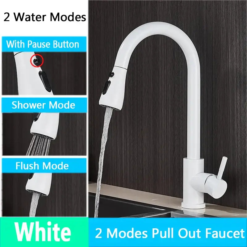 Brushed nickel kitchen faucet with arched spray head and white pull-out curved spout featuring dual water modes by decorbites