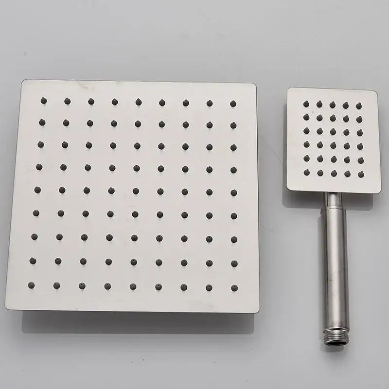 Brushed nickel rain shower system with stainless steel square showerhead and matching handheld spray for bathroom decorbites