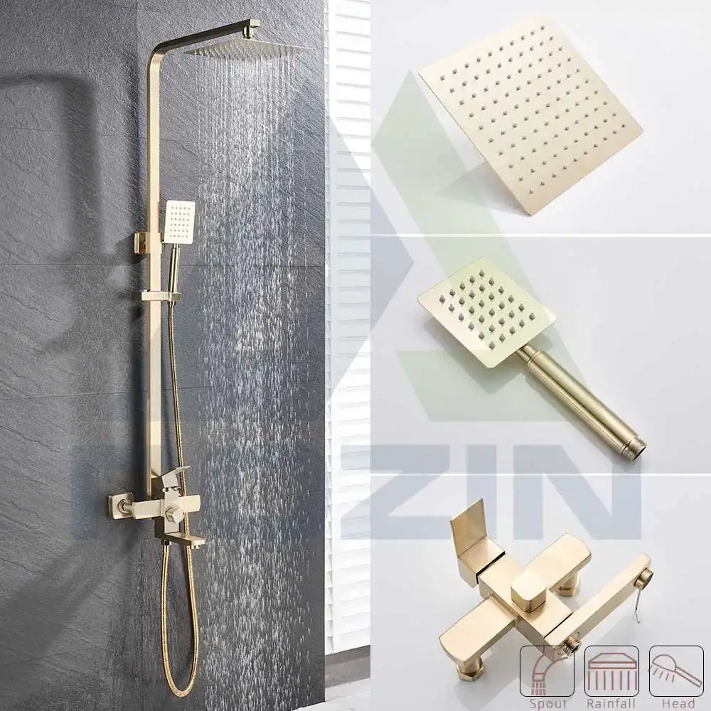 Gold-toned modern shower system with square rainhead and handheld spray complementing decorbites brushed nickel rain setup