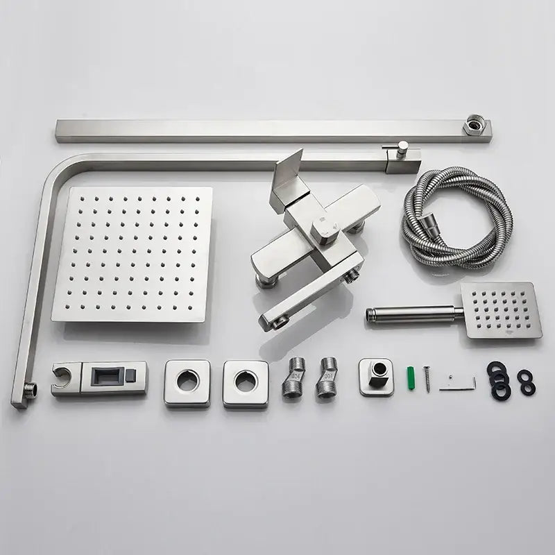 Modern brushed nickel rain shower system with square rainhead and handheld spray for bathroom decorbites brushed nickel