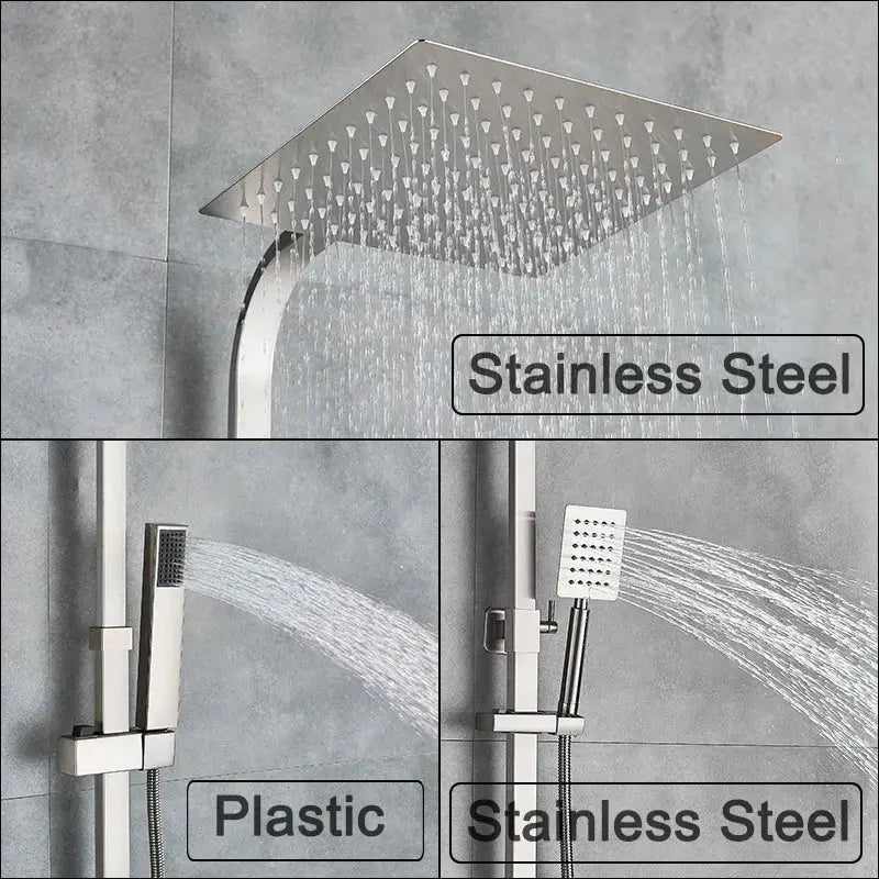 Square stainless steel brushed nickel rain shower head with multiple spray nozzles in decorbites brushed nickel rain system